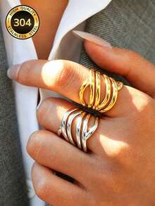 Uself 2 piezas/1 pieza Anillos de acero inoxidable cruzados vintage gruesos de varias filas, anillos abiertos ajustables, anillos de vacaciones para mujer, joyería para mujer, joyería occidental, marca de mujer, regalo de vacaciones, anillos de mujer - Multicolor - Ver 4