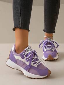 Giày thể thao nữ đế dày mới năm 2026, giày sneaker buộc dây kiểu dáng chunky, giày đế cao thoáng khí cho mùa xuân/hè, thiết kế phối màu. - Màu tím hoa cà - Xem 3