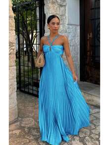 Women's Pleated Halter Neck Maxi Dress, Crisscross Straps Cutout Waist Evening Gown - 湖藍色 - 查看 1