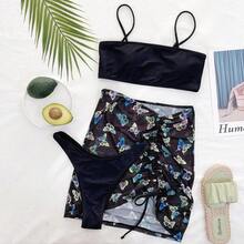 Conjunto de Bikini Sexy de 3 piezas, traje de baño para mujer, traje de baño con realce plisado de mariposa, conjunto de Bikinis negros, traje de baño, Bikini de playa para mujer, nuevo - Negro - Ver 1