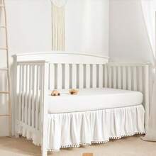 TILLYOU Ruffled Crib Skirt with Pompoms Nursery Crib Toddler Bedding Skirts for Baby Boys Girls 14'' Drop White - Blanco - Ver 3