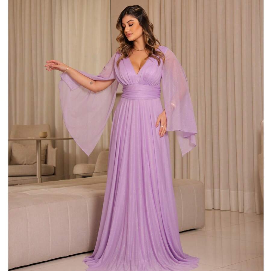 Luxury Long Dress With Flowing Sleeves And Deep Neckline – Timeless Elegance And Sparkle For Parties* - 紫丁香色 - 查看 1