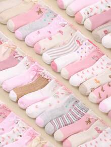 20/10/5 Pairs Of Children's Socks, Girls' Socks, Children's Socks, Children's Round Neck Socks, Girls' Socks, With Bows, Hearts, Dots, Printed Embroidery, 3D Printed Flowers, Suitable For Girls' Daily Life/Wear, Breathable, Comfortable, Soft, Skin Friendly, Suitable For School Season Wear, Suitable For 1-16 Year Old Girls' Birthday Gifts, Suitable For 1-16 Year Old Children, Suitable For Parties, Random Colors - Multicolor - View 10