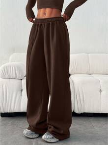 Women's Casual Loose Plain Color Elastic Waist Sweatpants With Pockets Winter - Coffee Brown - View 3