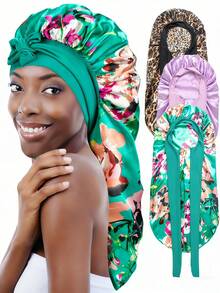 1pc Long Satin Silk Sleep Cap, Long Braid Sleep Hat, Reusable Adjustable Hair Care Wrap Cap, Women Halloween Sleep Hat - Multicolor - View 10