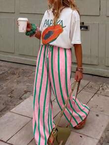 Pantalones de Verano para Mujer, de Pierna Ancha, a Rayas Rosas, de Cintura Alta, Casuales, Holgados, Estilo Bohemio, de Pierna Recta, Largos - Rosa Verde - Ver 2
