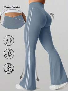 Pantalones ajustados acampanados para mujer, color negro sólido, talle alto con diseño cruzado, efecto levantador de glúteos, tejido elástico y transpirable, ideal para yoga, gimnasio, entrenamiento, actividades deportivas y uso diario en primavera-verano - Gris Oscuro - Ver 6