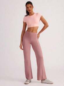 Pantalones casuales para mujer, estilo deportivo de pierna ancha, color negro y bolsillo para celular, tejido cómodo y favorecedor, perfectos para gimnasio, entrenamiento, paseos, compras y combinaciones con tops deportivos y tenis - Rosa - Ver 5