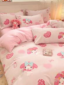 SANRIO 三丽鸥可爱印花三件套床上用品 - 美乐蒂（1 个被套 + 2 个枕套，不含被芯），卡通全尺寸，柔软舒适，适合宿舍、家庭卧室、酒店，四季皆宜，带拉链封口和枕套，多色耐用，超大尺寸被套套装 - 西瓜粉 - 查看 3