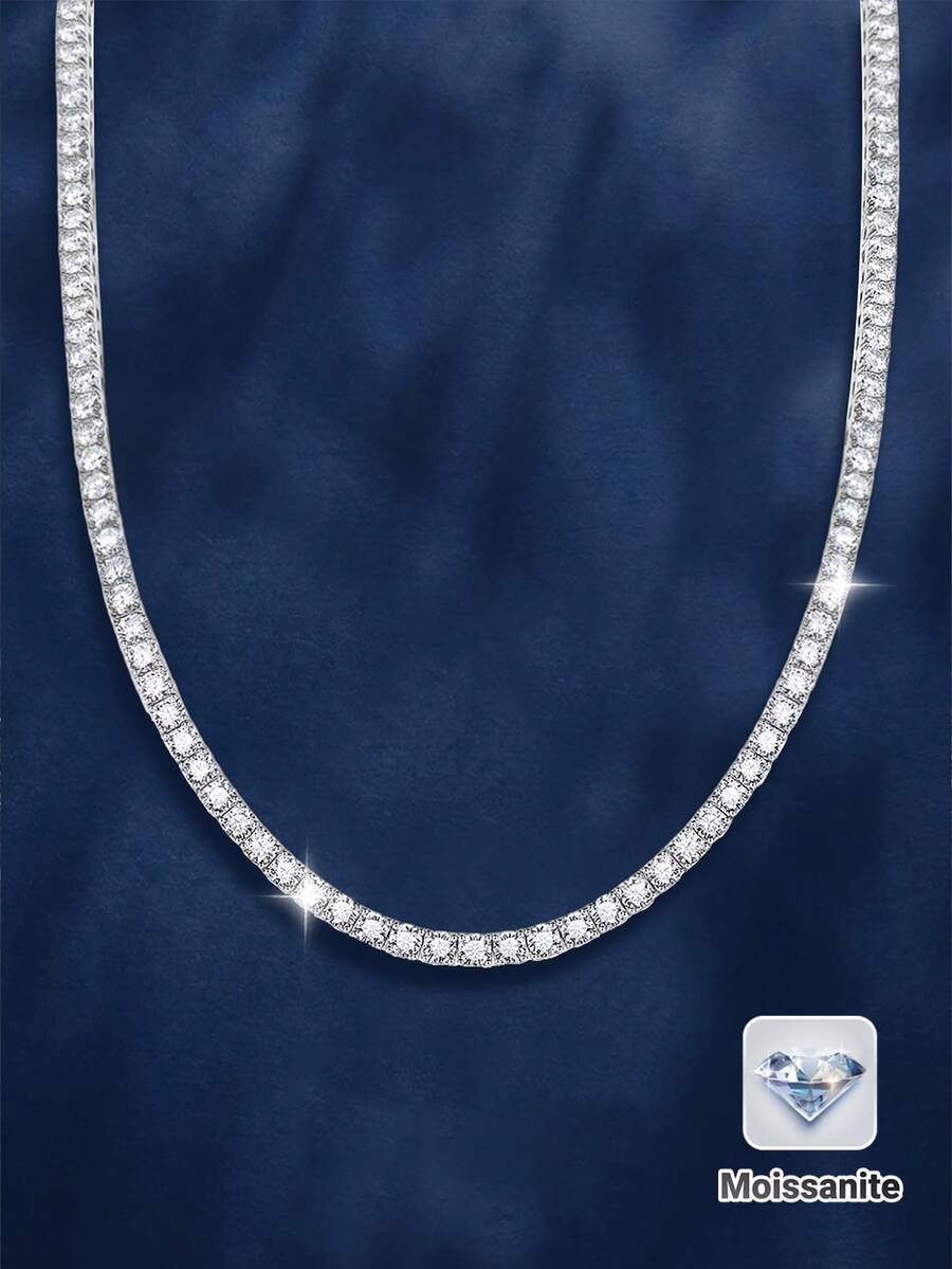 12ct Luxury Moissanite Necklace In 925 Silver, 3.0mm X 120pcs, Romantic Fashionable Design, Creative Gift For Women, Suitable For New Year, Christmas, Teacher's Day, Mother's Day, Halloween, Vintage Retro Rock Style Jewelry For Engagement, Wedding, Birthday, Anniversary - Silver - View 1
