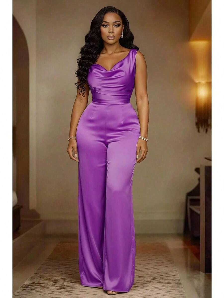 2026 New Style Champagne Gold Satin Jumpsuit Sleeveless Swing Collar Waist-Cinching Women's Jumpsuit Wide-Leg Pants Sleeveless Casual Short Jumpsuit Summer, Vacation, Poolside & Weekend Getaways TE2J - 紫色 - 查看 1