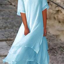 Plus Size, Plus Size Spring/Summer Women's Fashion Casual Vintage Double-Layer Short Sleeve Round Neck Dress - 白色 - 查看 2