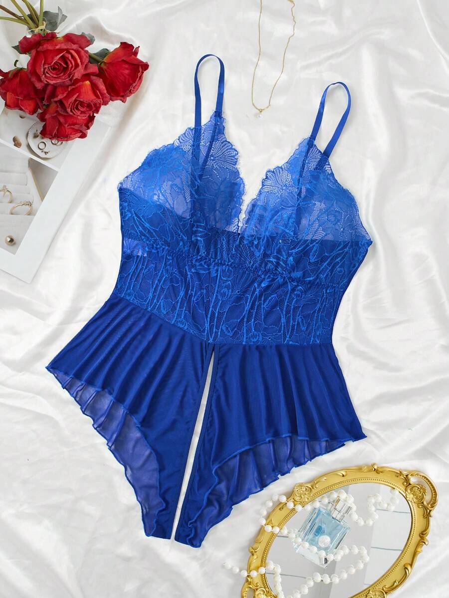 Mono de lencería sexy con parches de encaje para mujer de talla grande - Azul - Ver 1