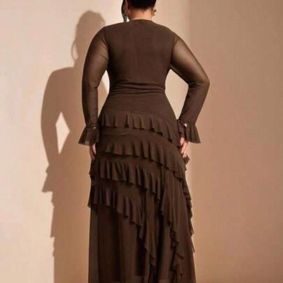 Plus Size Women's Elegant Flare Sleeve Long Dress With Ruffle Hem, Autumn/Winter/Christmas Dress,Formal Dresses For Women,Wedding Guest Dress Women,Dress Plus Size Woman,Dresses Casual,New Years Outfit Women,Plus Size Woman Dresses,Christmas Outfit Women,Dresses Casual,Gown For Women Elegant,Birthday Dress,Sexy,Wedding,Thanksgiving
,Brown Dress - Café integral - Ver 1
