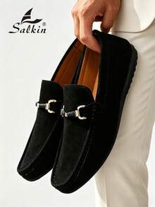 Salkin 经典男士莫卡辛鞋，奢华麂皮乐福鞋，柔软皮革商务正装鞋，适合日常办公、派对、婚礼、浪漫晚餐、学生返校休闲穿着，尺码偏大 - 黑色 - 查看 3