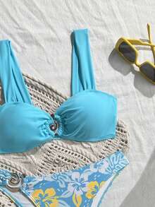 Bộ bikini mới với họa tiết hoa và dây đeo hình vỏ sò, áo bikini gợi cảm và quần bikini màu trơn, thích hợp cho bãi biển, tiệc bể bơi và kỳ nghỉ. - Màu xanh nhạt - Xem 6