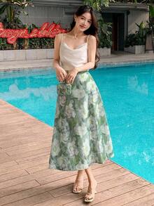 Falda midi de verano con estampado floral, estilo bohemio, ideal para fiestas y vacaciones - Verde - Ver 2