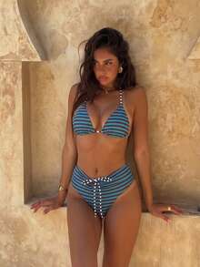 Bộ bikini 2 mảnh kẻ sọc xanh công thời trang - Áo bikini hai dây gợi cảm và quần bikini cạp thấp, thích hợp cho bãi biển và hồ bơi. - Nhiều màu - Xem 2