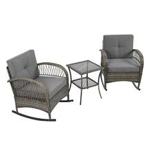 3-Piece Rattan Garden Furniture Set / Balcony Furniture Set For 2 People / 3-Piece Outdoor Seating Group / With 2 Rocking Chairs, Table, Cushions / Load Capacity 160 Kg / For Terrace Balcony, Beige - Grey - View 11