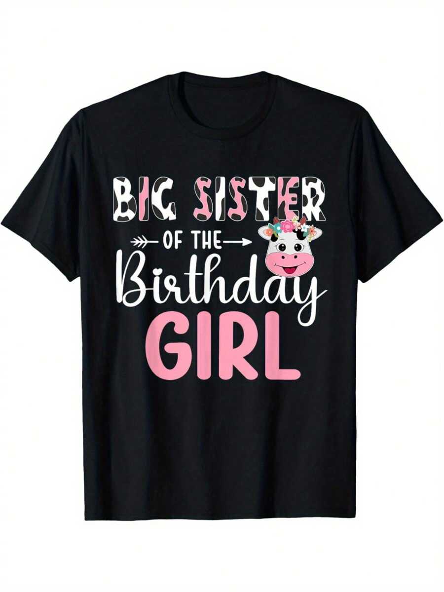 Heavyweight Cow Print T-Shirt - Short Pink Farm Cow Crew Neck Sweater Top, 180g Casual Blouse Suitable For Birthday Outfits, Casual Wear And Theme Parties - 黑色 - 查看 1