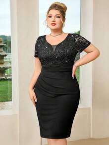 Plus Size Deep V-Neck Sequin Floral Lace Patchwork Bodycon Dress Black Elegant Summer - Black - View 6
