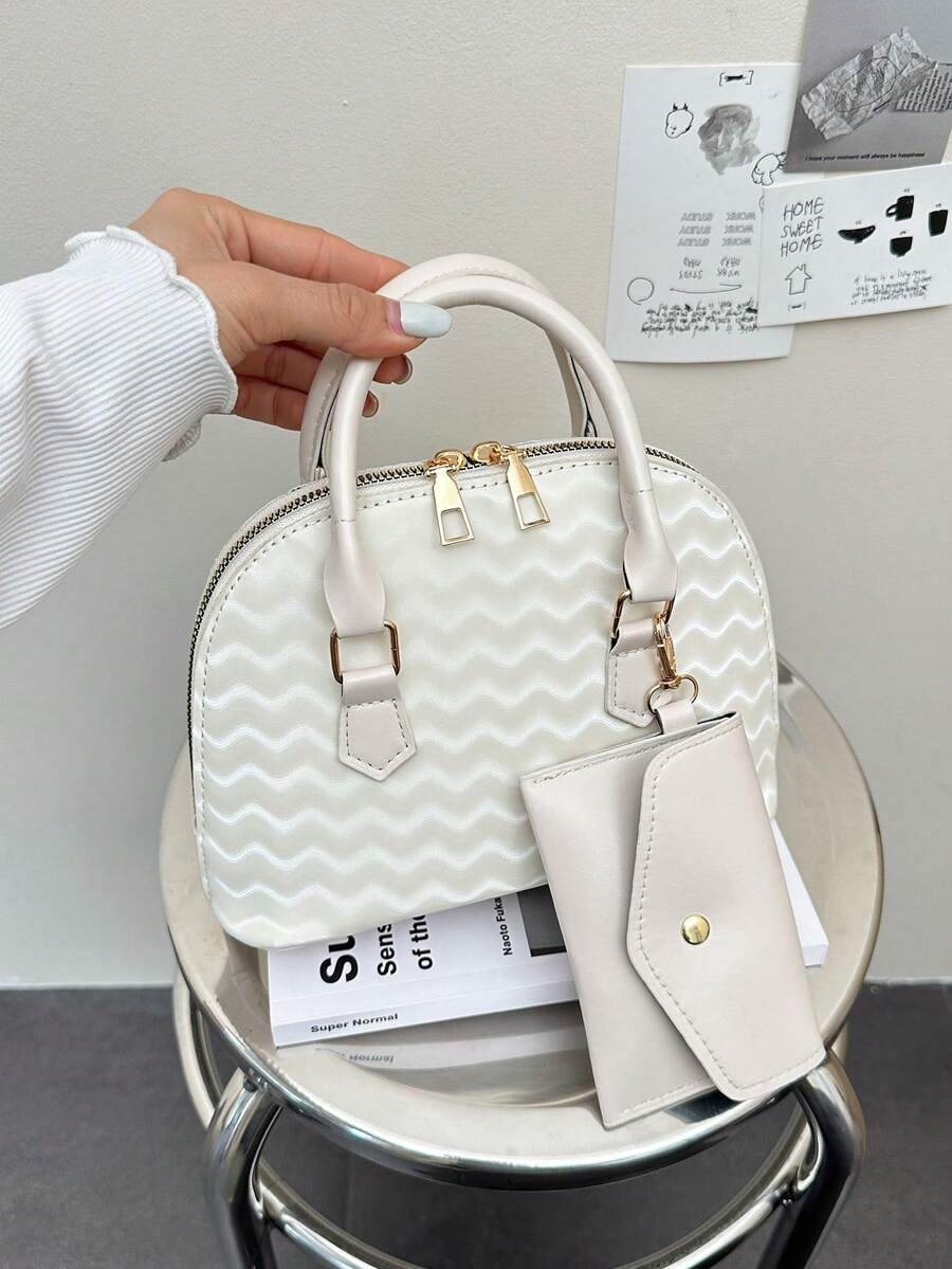 Bộ 2 túi xách tay nữ chất liệu PU dập nổi họa tiết lượn sóng, túi đeo vai có quai rời và ví đựng thẻ đi kèm, kiểu dáng thanh lịch dùng hàng ngày. - trắng - Xem 1