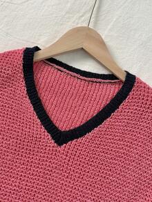 Top casual y elegante de punto con escote en V y diseño calado, de manga corta, con diseño calado, alta elasticidad y estilo bohemio para el verano - Rosa coral - Ver 6