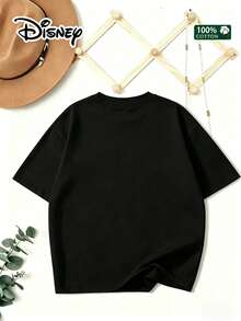 [Disney] Women's T-Shirt, Men's And Women's Short Sleeve, Featuring The Design Of "Disney 'Cars' Lightning McQueen", 100% Pure Cotton, Comfortable And Breathable, Suitable For Summer Leisure, Vacation, Play, Daily Wear, Suitable For Both Men And Women, Cartoon Print T-Shirt - 黑色 - 查看 2