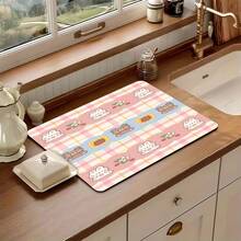 Luckybutterfly 1 pieza Alfombrilla multiusos absorbente con diseño de conejo y oso de fresa, Almohadilla protectora de mesa de poliéster para cocina, mesa de comedor, secado de platos, lavadora, lavabo del baño, accesorios de cocina, suministros para fiestas - Conejo y oso de fresa - Ver 13