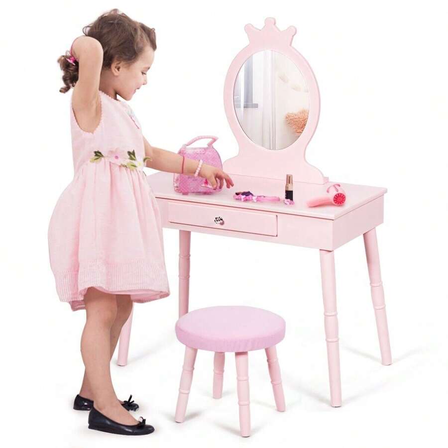 COSTWAY Princess Vanity Table & Chair Set For Kids, Makeup Dressing Table With Cushioned Stool And Real Mirror, Storage Drawer Included, Ideal Gift For Kids Ages 3-8 Years Ol, Pink - Pink - View 1