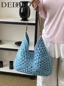Dedoo Handmade Woven Grandma Plaid Large Capacity Tote Bag For Women - Blue - View 4