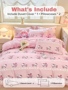 SANRIO 三丽鸥可爱印花三件套床上用品 - Hello Kitty（1 个被套 + 2 个枕套，不含被芯），卡通全尺寸，柔软舒适，适合宿舍、家庭卧室、酒店，四季皆宜，带拉链和枕套，耐用多色，超大被套套装 - 粉色 - 查看 5