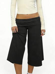 Women 's Fold Over Lounge Capris Wide Leg Low Rise Cropped Gaucho Pants Solid Color Flowy Pajama Bottom - 黑色 - 查看 4