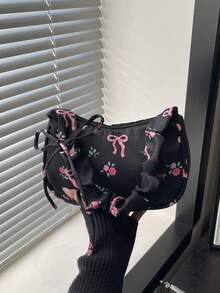 1个黑色蝴蝶结装饰尼龙法棍包，褶皱肩挎腋下包，女士款，春季新品 - 黑色 - 查看 2