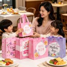 6 piezas Bolsas de regalo del Día de la Madre con estampado, bolsas de caramelos para fiestas, bolsas de tela no tejida laminada, diseño elegante, material duradero, adecuado para bodas, fiestas de cumpleaños, panaderías, vuelta al colegio, suministros de invierno, Acción de Gracias, Navidad, Día Nacional de Arabia Saudita, cumpleaños, festivales, Año Nuevo, Día de San Valentín y otras festividades - A - Ver 3