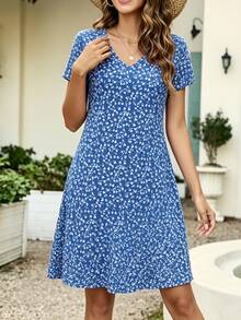 Vestido largo con estampado floral diminuto, ligero y elegante, versátil para uso casual, vacaciones y trabajo, adecuado para primavera/verano - Azul - Ver 4