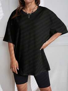 Loose-Fitting Solid-Color T-Shirt With Round Neck And Dropped Shoulders - Black - View 3