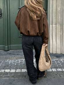 Retro Short Jacket, Turndown Collar Zipper Design, Loose Fit Slimming Casual Jacket For Autumn/Winter - Coffee Brown - View 5