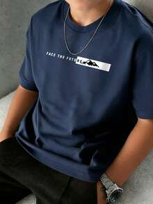 Tween Boys Casual Printed Round Neck Short Sleeve T-Shirt, Summer Top - Navy Blue - View 2