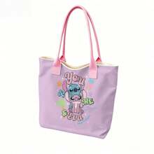 Disney Lilo & Stitch Canvas Tote Bag - "You & Me Equal Love" Stitch & Angel Retro Summer Print Shoulder Bag For Daily Use - Black - View 4