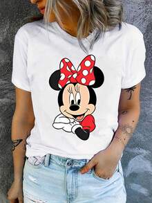 Disney 1件女士短袖T恤，迪士尼米妮图案印花，圆领，弹力面料，易护理，适合日常穿着，时尚女士短袖T恤，休闲服饰 - 白色 - 查看 3