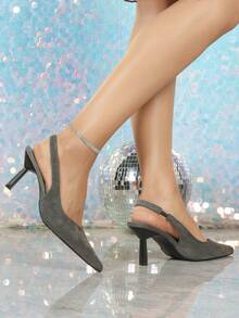 7cm Grey Suede High Heel Pumps, Pointed Toe Slingback Party Wedding Formal Shoes - Grey - View 4