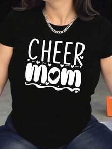 Women's "CHEER MOM" Printed Short Sleeve T-Shirt With Collar | Casual Sporty Style, 95% Cotton, 5% Polyester, Comfortable And Breathable, For Spring/Summer - 黑色 - 查看 1