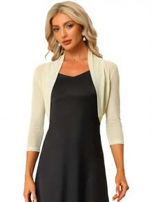 PIRE CHIC Elegant 3/4 Sleeves Fabric Knitwear Open Front Short Cardigan Semi Sheer Mesh Bolero Shrug Crop Top - 杏色 - 查看 8