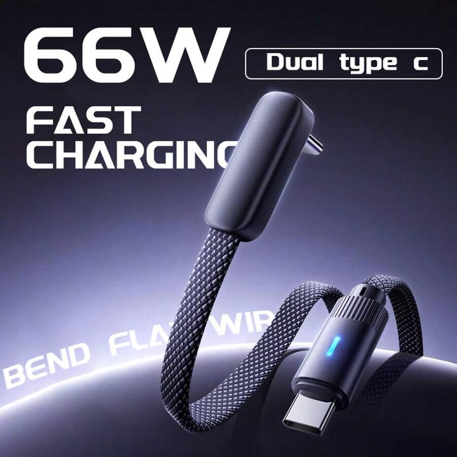 Dual Type C Flat-Cable Transparent Data Wire Super Fast Charging 66W Type C To Type C Cable For Phone 17 16 15 Charger Data Cord USB C - Black - View 1