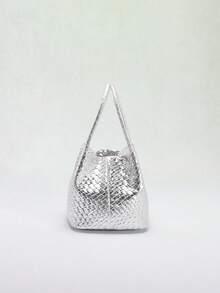 1 chiếc túi xô bằng da PU dập nổi họa tiết thảm cỏ màu bạc bóng, túi xách nữ, phong cách tối giản hiện đại, phù hợp cho đi làm, công sở hoặc đi chơi thường ngày vào mùa hè. - Bạc - Xem 7