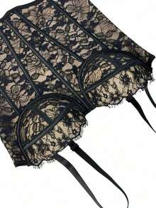 Corsé de encaje negro con adorno floral, prenda moldeadora casual de verano para mujer - Negro - Ver 6