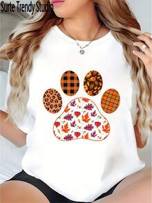 Women's Casual Sve Cropped T-Shirt With Dog Paw Thanksgiving Design - Lightweight Summer Top, Machine Washable, Relaxed Fit, Spring Style - White - View 1