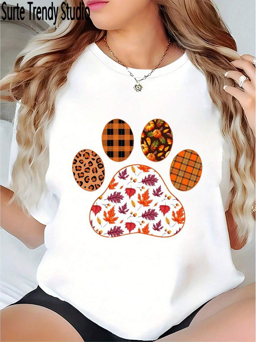 Women's Casual Sve Cropped T-Shirt With Dog Paw Thanksgiving Design - Lightweight Summer Top, Machine Washable, Relaxed Fit, Spring Style - White - View 1
