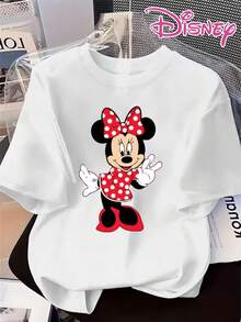 Authentic Disney Printed With Minnie Mouse Cartoon Patterns, Including Red Polka-Dot Bow, Red And White Polka-Dot Dress And Biye Gesture, With The Word Land30 On The Left Sleeve And Minnie's Head And Love Pattern On The Right Sleeve. Disney's New Short-Sleeved T-Shirt In Summer Is A Casual And Fashionable Printed T-Shirt For Men And Women. - White - View 1